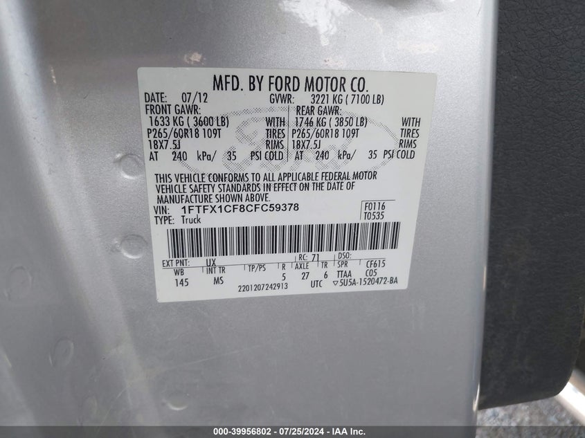 2012 Ford F-150 Xlt VIN: 1FTFX1CF8CFC59378 Lot: 39956802