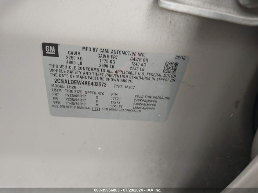 2010 Chevrolet Equinox Lt VIN: 2CNALDEW4A6402673 Lot: 39956803