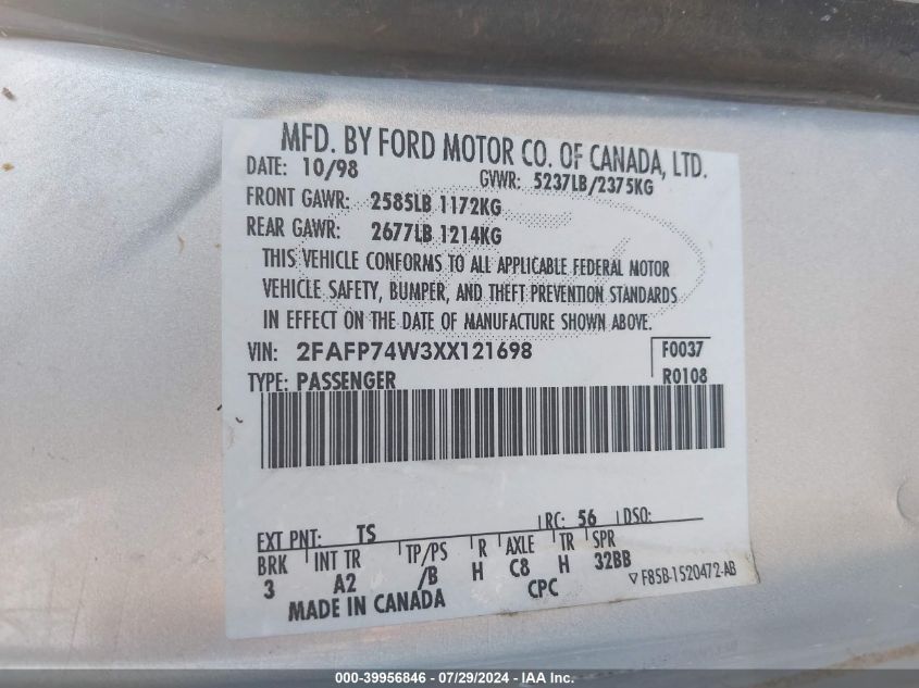 1999 Ford Crown Victoria Lx VIN: 2FAFP74W3XX121698 Lot: 39956846