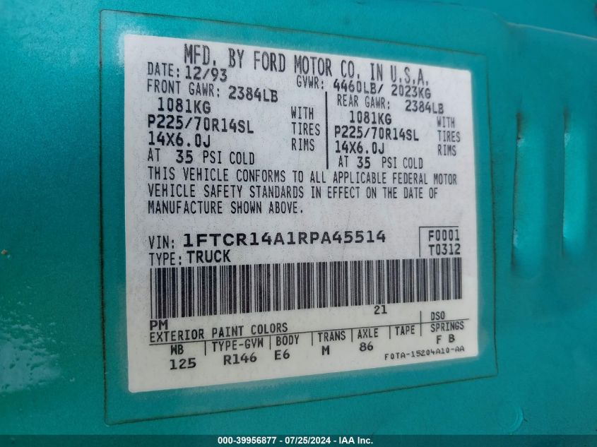 1994 Ford Ranger Super Cab VIN: 1FTCR14A1RPA45514 Lot: 39956877