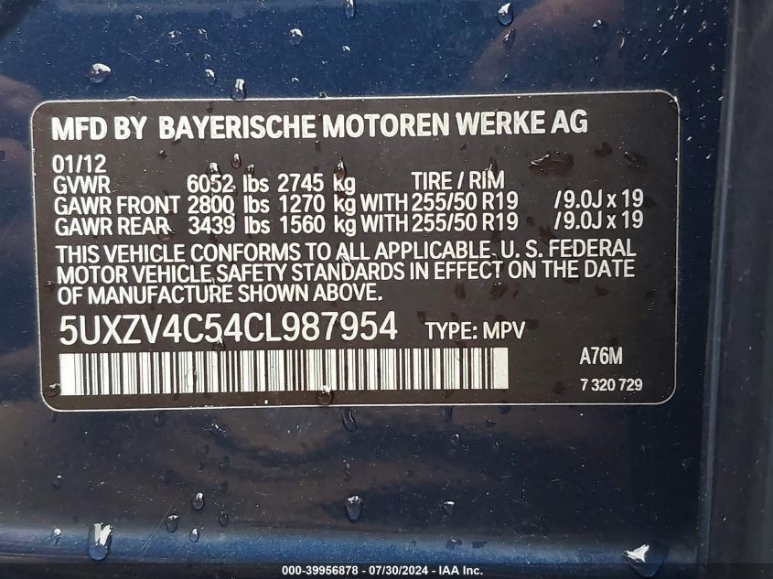 2012 BMW X5 xDrive35I/xDrive35I Premium/xDrive35I Sport Activity VIN: 5UXZV4C54CL987954 Lot: 39956878