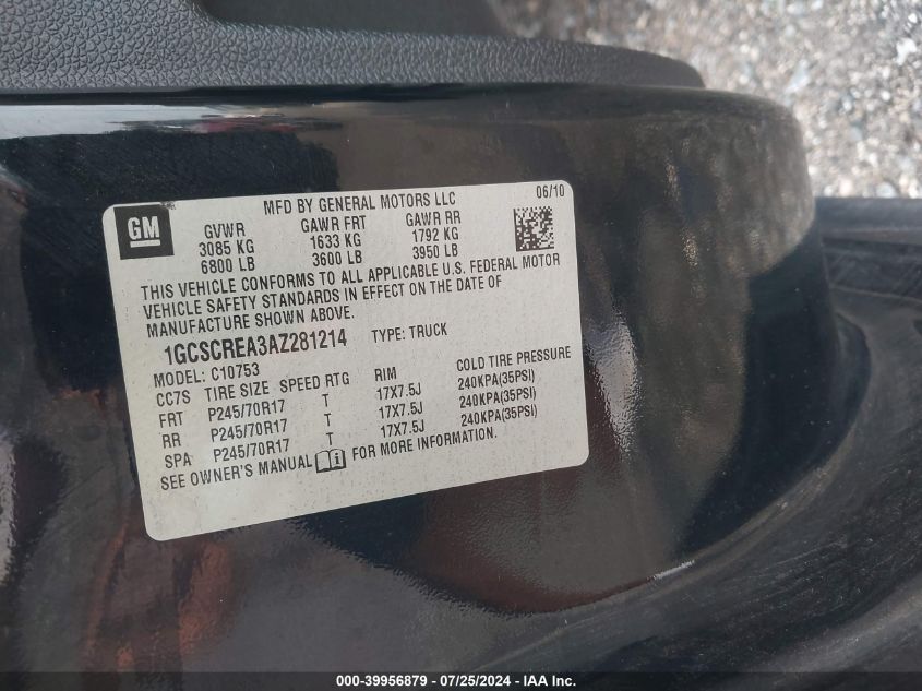 2010 Chevrolet Silverado 1500 C1500 Ls VIN: 1GCSCREA3AZ281214 Lot: 39956879