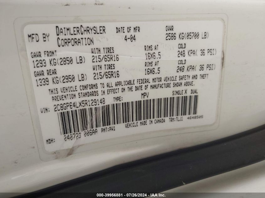 2005 Chrysler Town & Country Limited VIN: 2C8GP64LX5R129148 Lot: 39956881