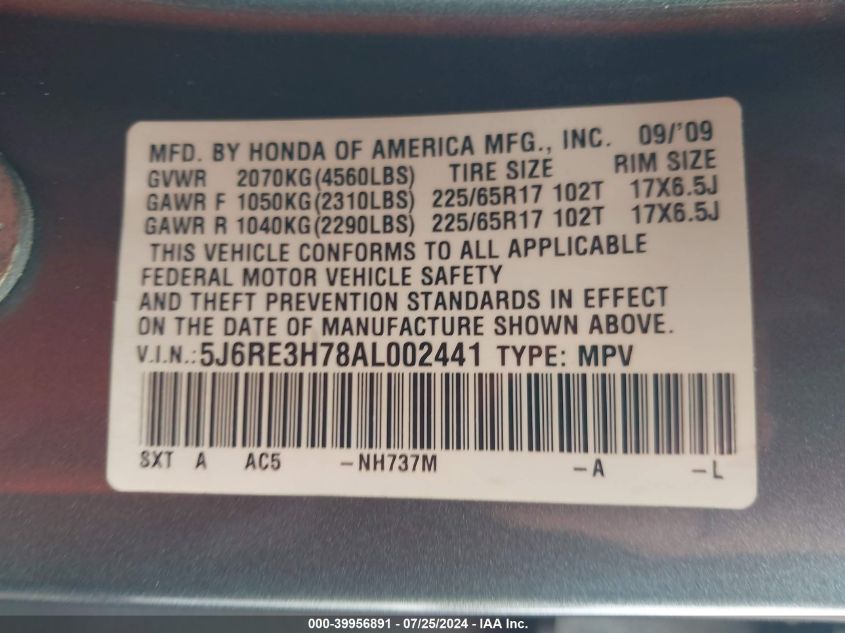 2010 Honda Cr-V Ex-L VIN: 5J6RE3H78AL002441 Lot: 39956891