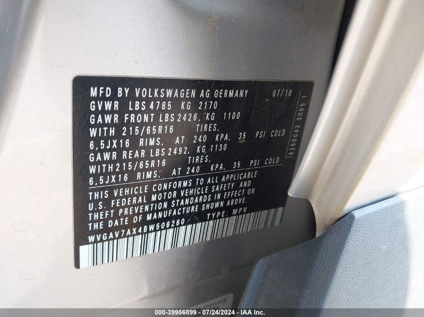 2011 Volkswagen Tiguan S VIN: WVGAV7AX4BW506260 Lot: 39956899