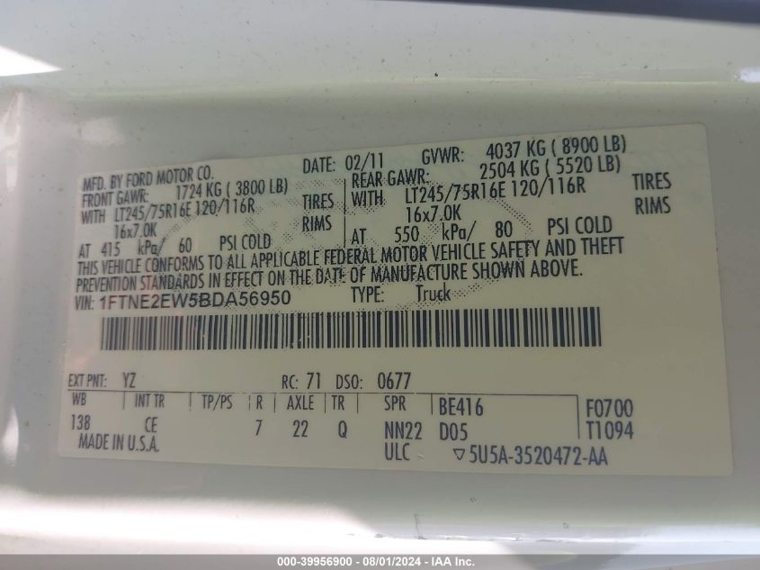 2011 Ford E-250 Commercial VIN: 1FTNE2EW5BDA56950 Lot: 39956900