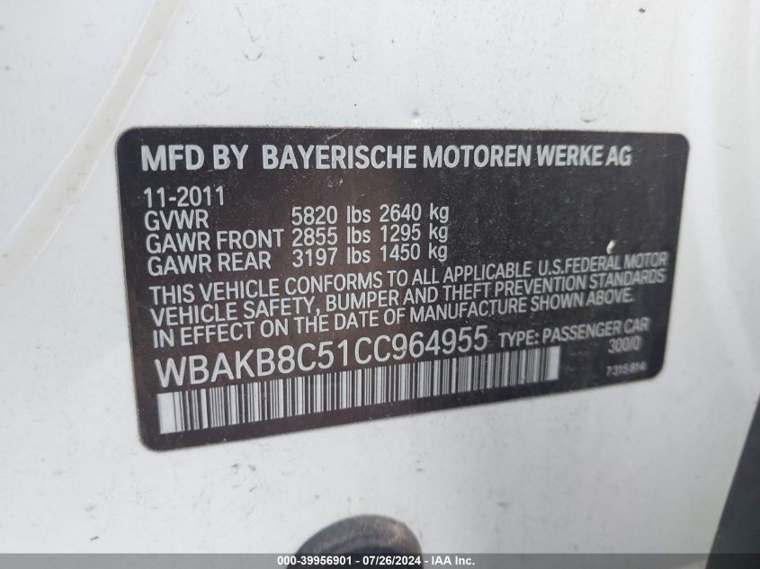 2012 BMW 750Li VIN: WBAKB8C51CC964955 Lot: 39956901