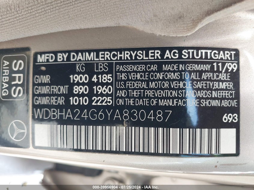 2000 Mercedes-Benz C 230 230 VIN: WDBHA24G6YA830487 Lot: 39956904