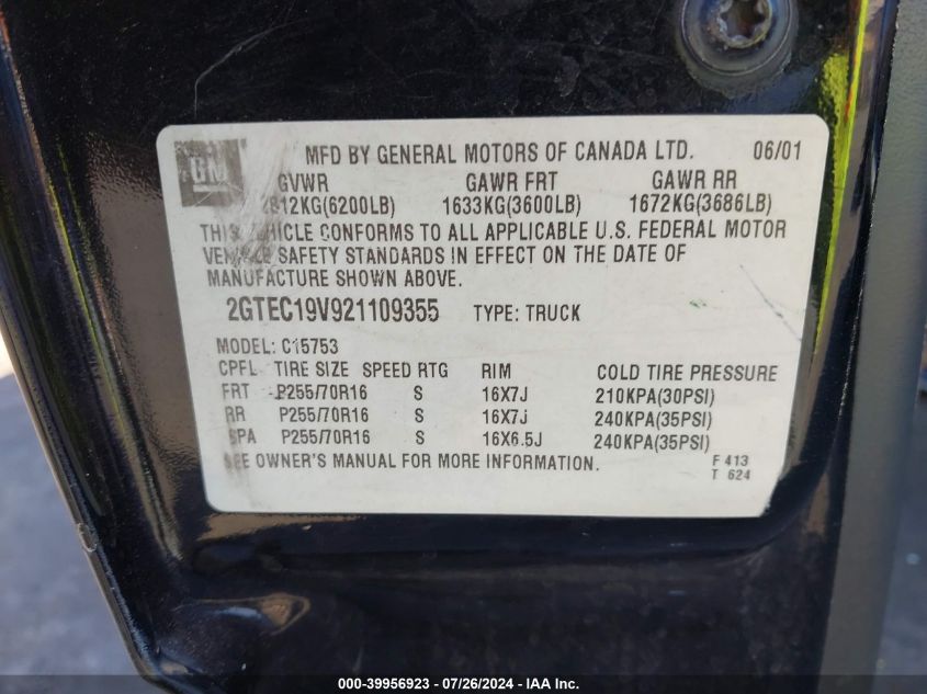 2GTEC19V921109355 2002 GMC Sierra 1500 Sle