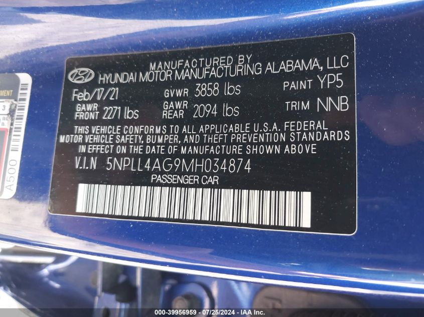 2021 Hyundai Elantra Se VIN: 5NPLL4AG9MH034874 Lot: 39956959