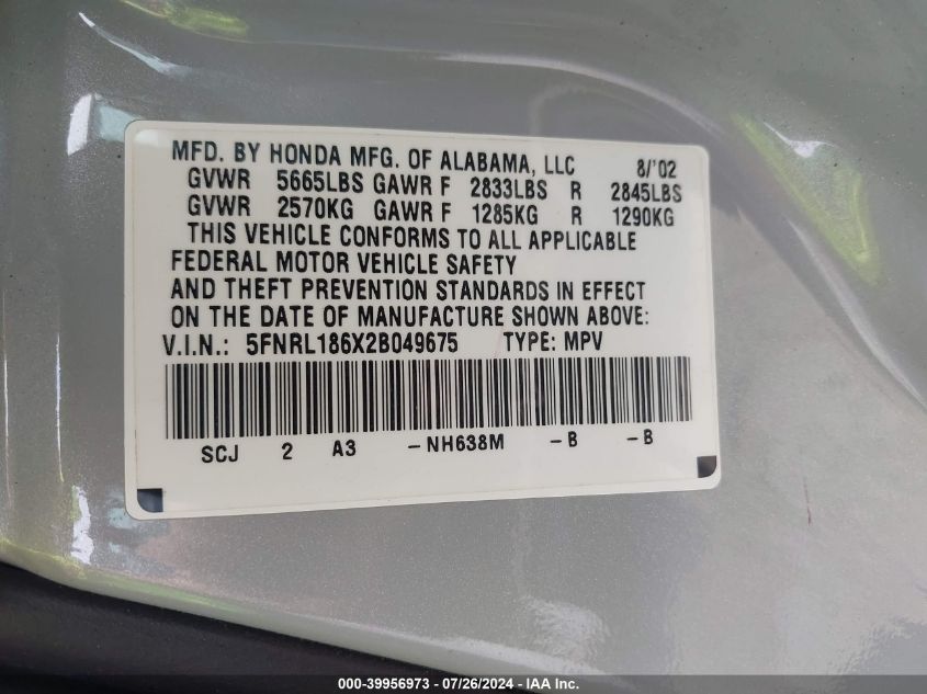 2002 Honda Odyssey Ex VIN: 5FNRL186X2B049675 Lot: 39956973