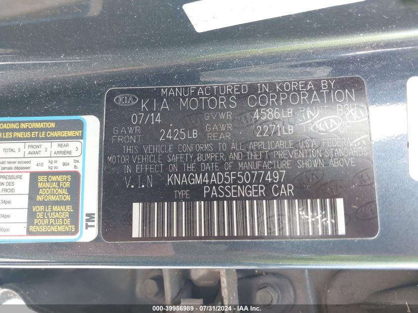 2015 Kia Optima Hybrid VIN: KNAGM4AD5F5077497 Lot: 39956989