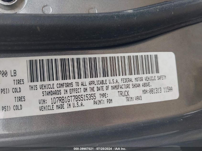 2011 Ram Ram 1500 Slt VIN: 1D7RB1GT7BS515355 Lot: 39957021