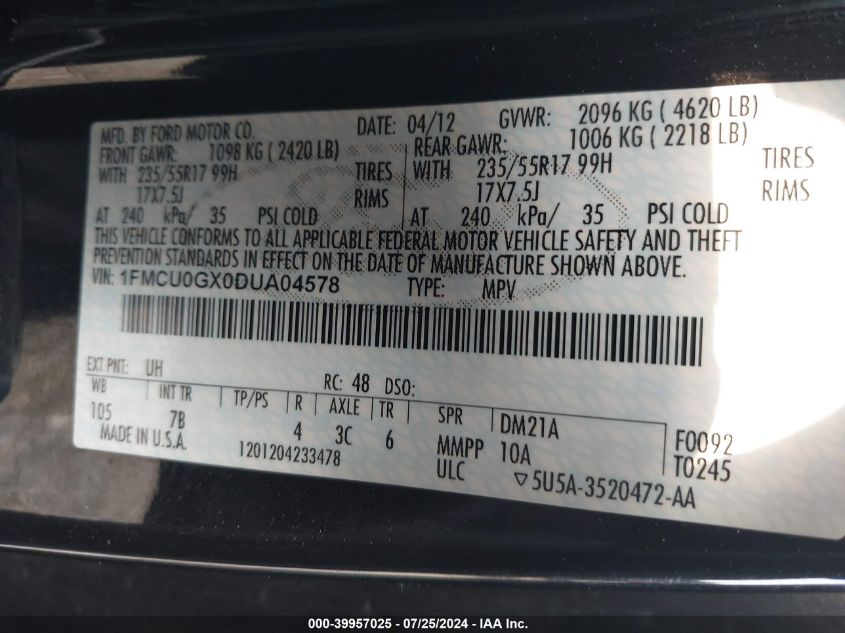 2013 Ford Escape Se VIN: 1FMCU0GX0DUA04578 Lot: 39957025