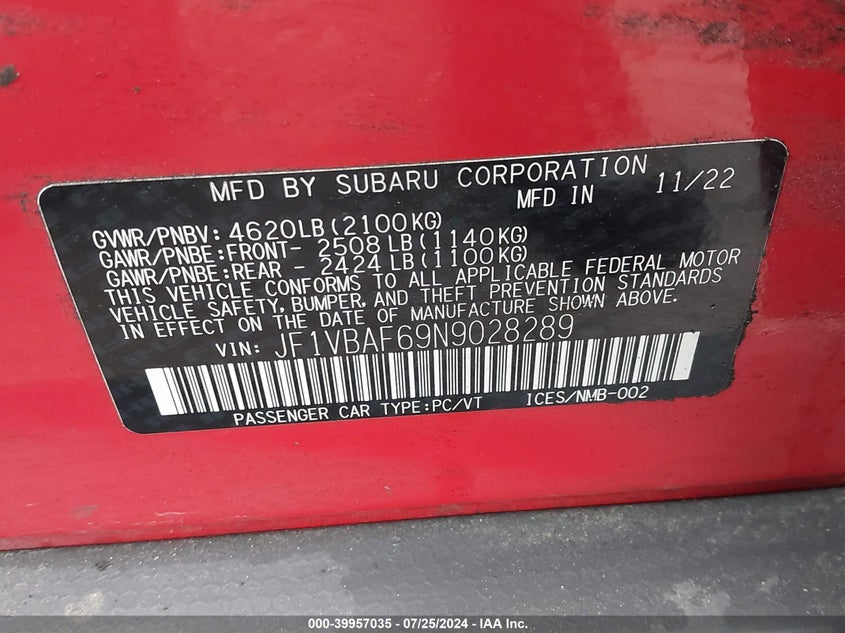 VIN JF1VBAF69N9028289 2022 SUBARU WRX PREMIUM
