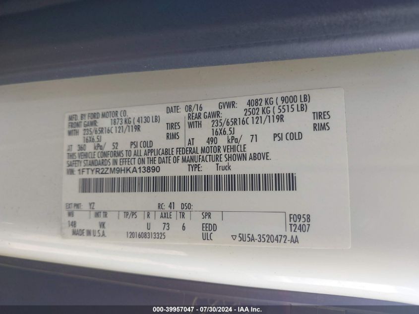 2017 Ford Transit-250 VIN: 1FTYR2ZM9HKA13890 Lot: 39957047