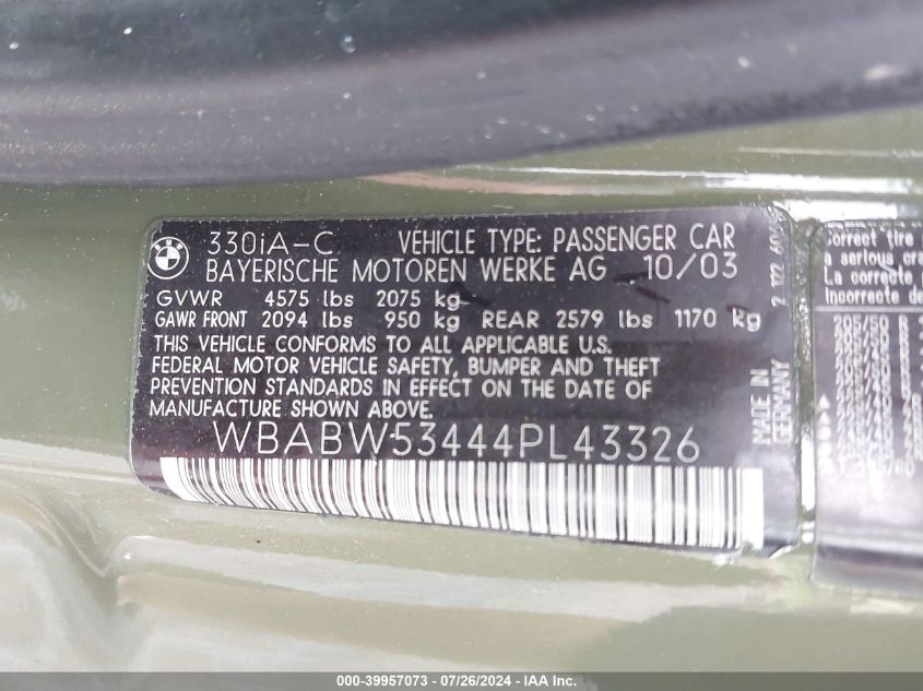 2004 BMW 330Ci Ci VIN: WBABW53444PL43326 Lot: 39957073