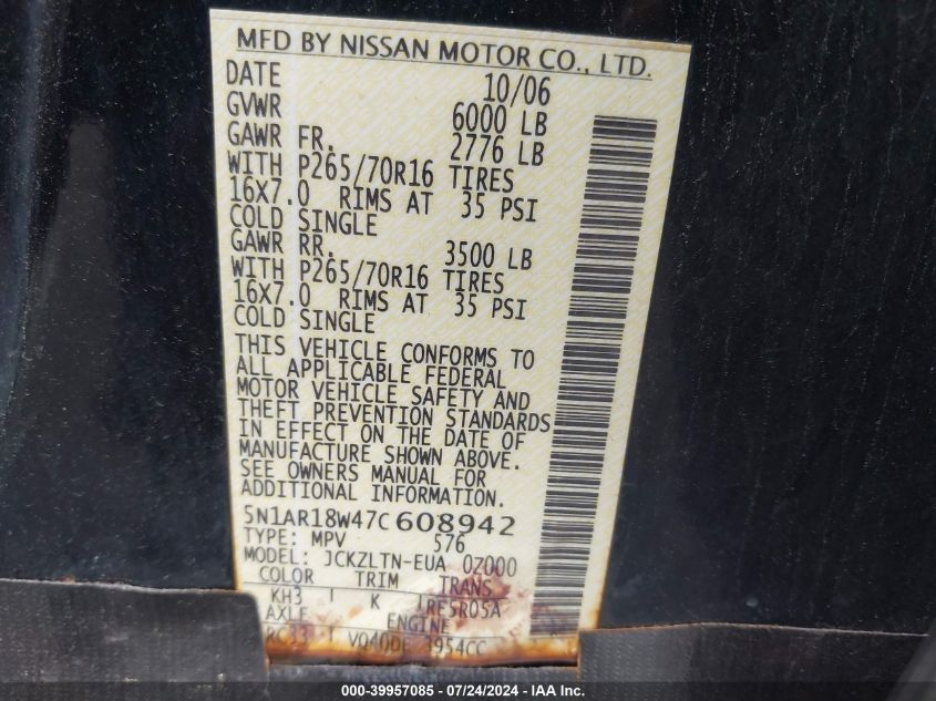 2007 Nissan Pathfinder Se VIN: 5N1AR18W47C608942 Lot: 39957085