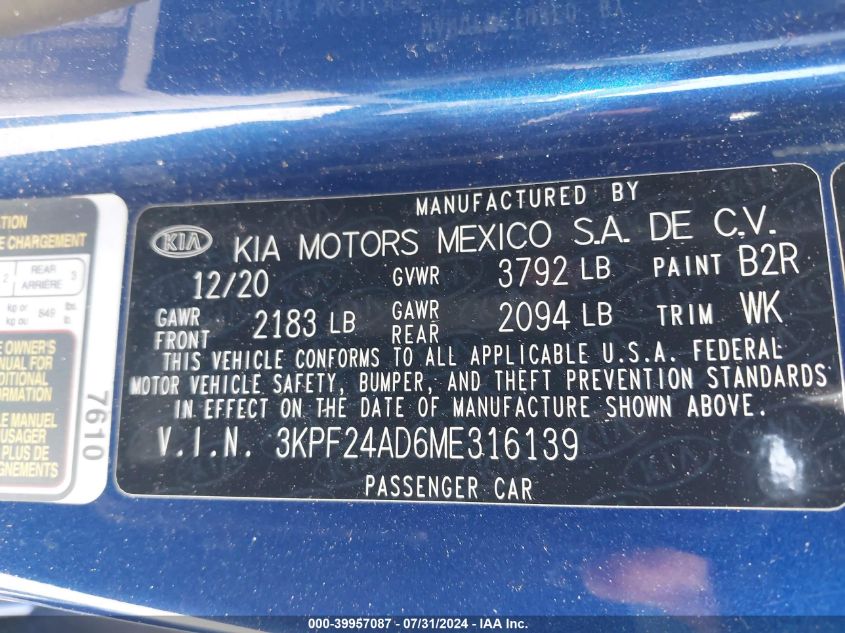 2021 Kia Forte Lxs VIN: 3KPF24AD6ME316139 Lot: 39957087