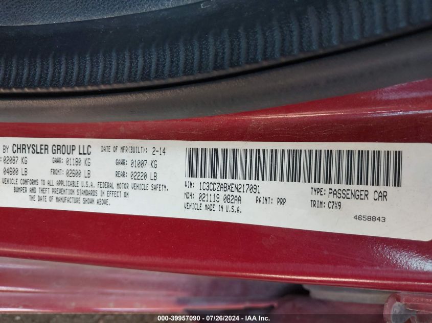 2014 Dodge Avenger Se VIN: 1C3CDZABXEN217091 Lot: 39957090