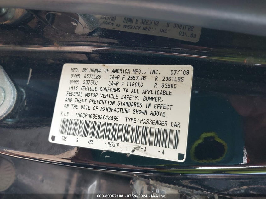 2009 Honda Accord 3.5 Ex-L VIN: 1HGCP36859A048495 Lot: 39957108
