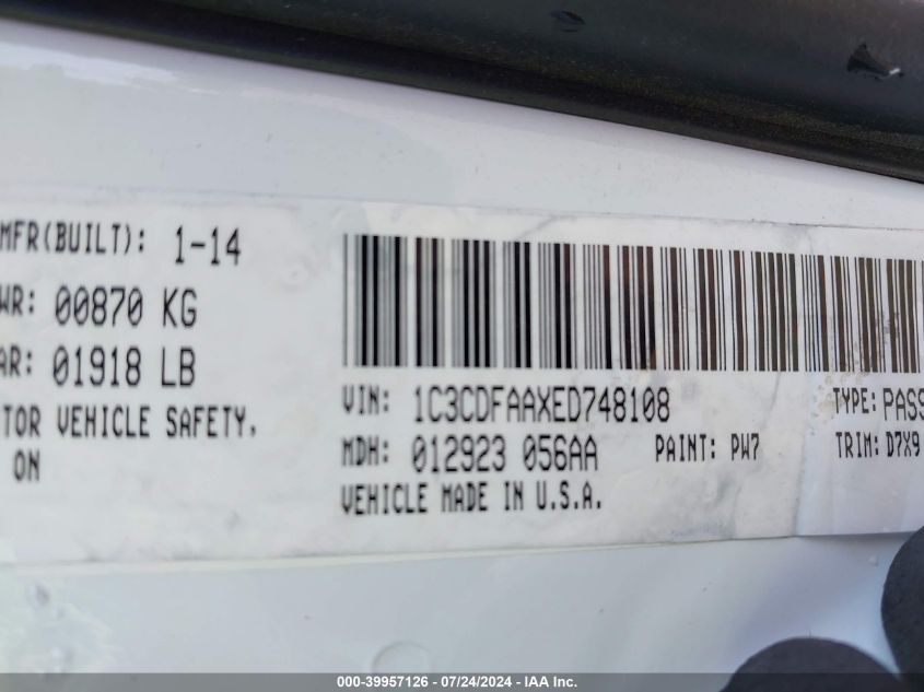 2014 Dodge Dart Se VIN: 1C3CDFAAXED748108 Lot: 39957126