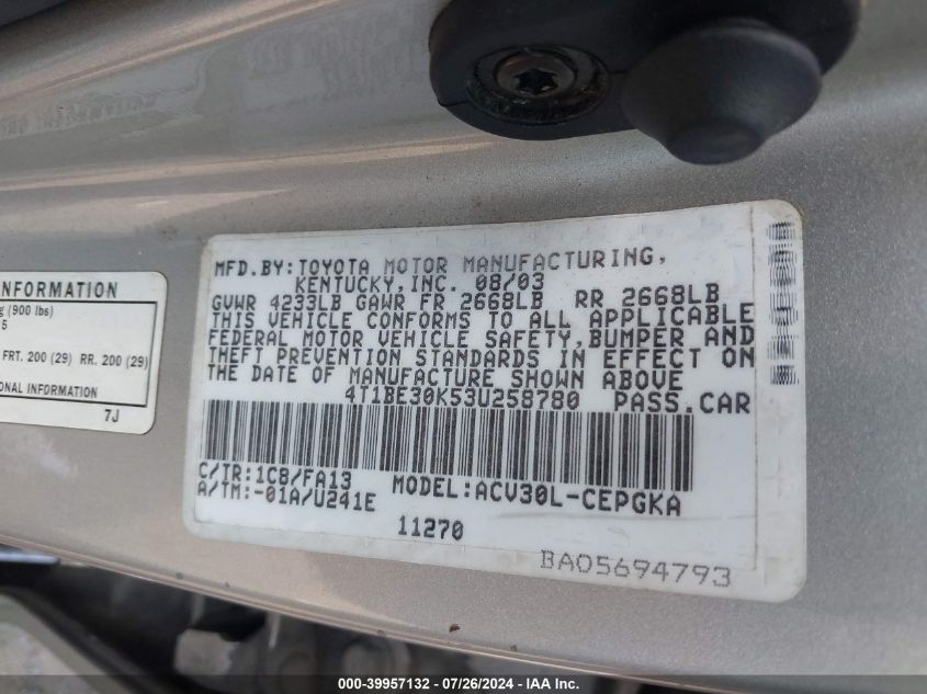 2003 Toyota Camry Le/Xle/Se VIN: 4T1BE30K53U258780 Lot: 39957132