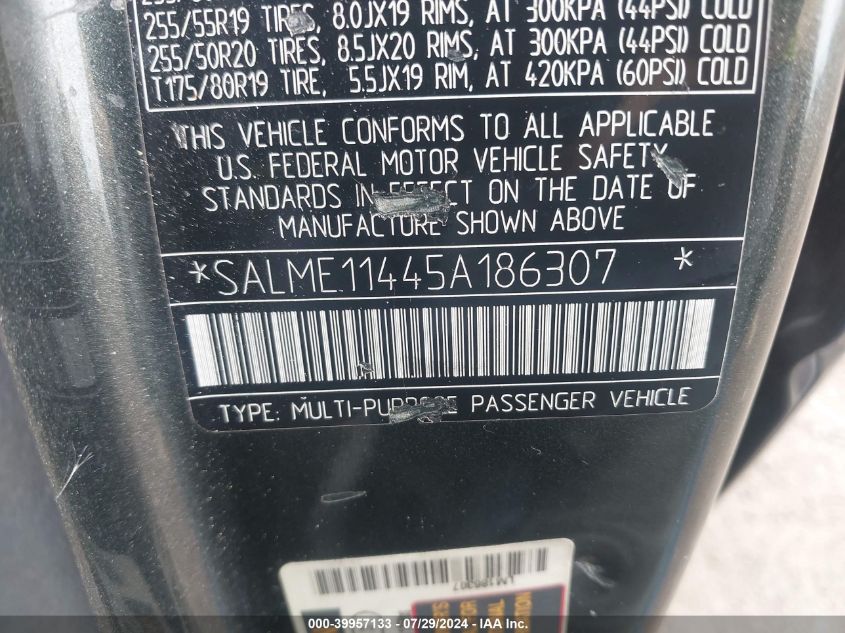 2005 Land Rover Range Rover Hse VIN: SALME11445A186307 Lot: 39957133