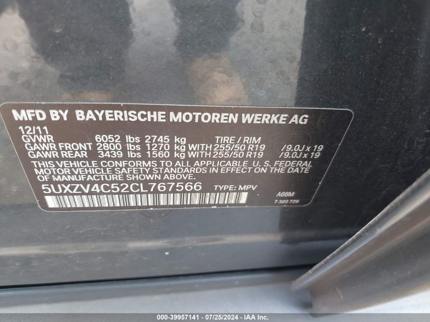 2012 BMW X5 xDrive35I/xDrive35I Premium/xDrive35I Sport Activity VIN: 5UXZV4C52CL767566 Lot: 39957141
