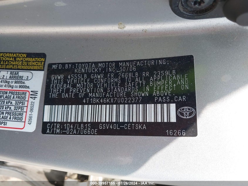 2007 Toyota Camry Le V6/Se V6/Xle V6 VIN: 4T1BK46KX7U022377 Lot: 39957155