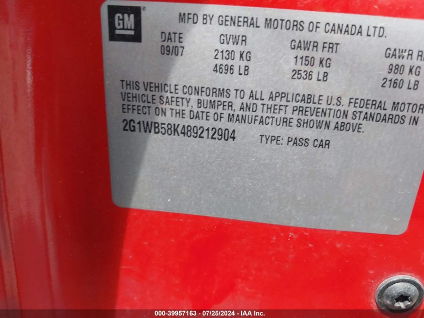 2008 Chevrolet Impala Ls VIN: 2G1WB58K489212904 Lot: 39957163
