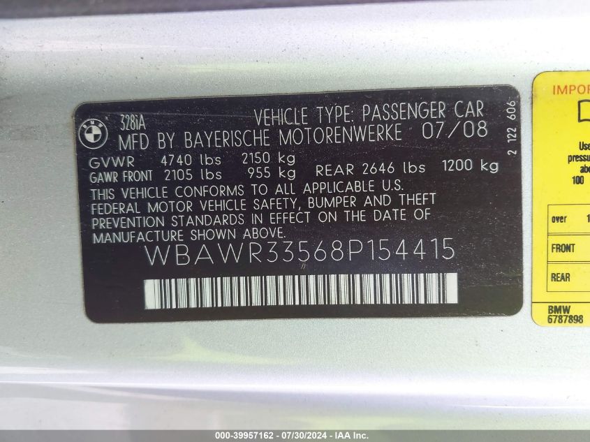 2008 BMW 328I VIN: WBAWR33568P154415 Lot: 39957162