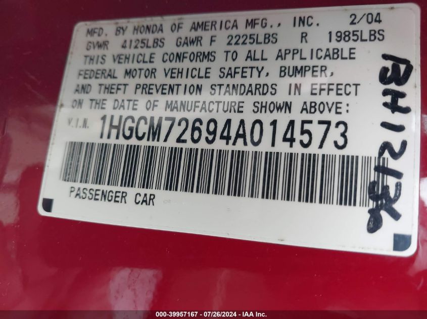 2004 Honda Accord 2.4 Ex VIN: 1HGCM72694A014573 Lot: 39957167
