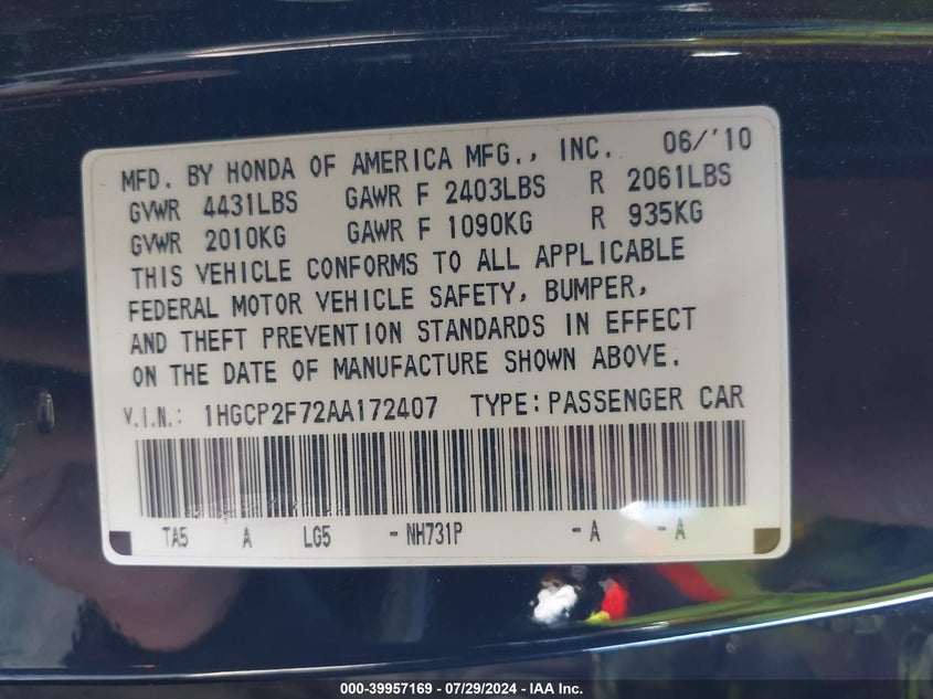 2010 Honda Accord 2.4 Ex VIN: 1HGCP2F72AA172407 Lot: 39957169