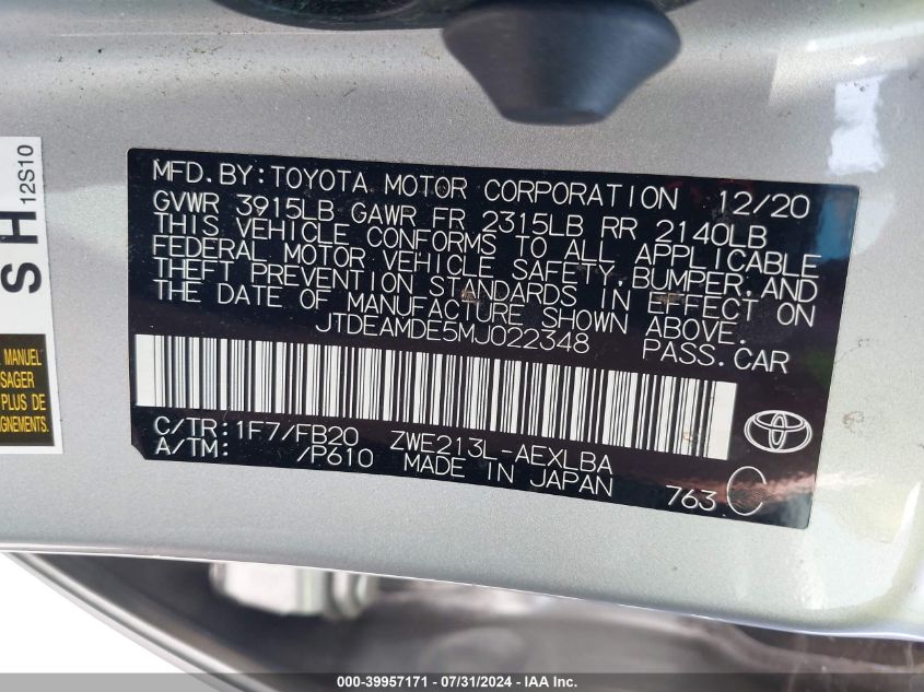 2021 TOYOTA COROLLA LE - JTDEAMDE5MJ022348