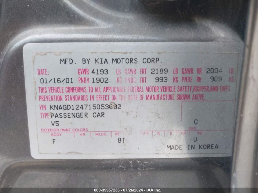 2001 Kia Optima Lx V6/Se V6 VIN: KNAGD124715053692 Lot: 39957235