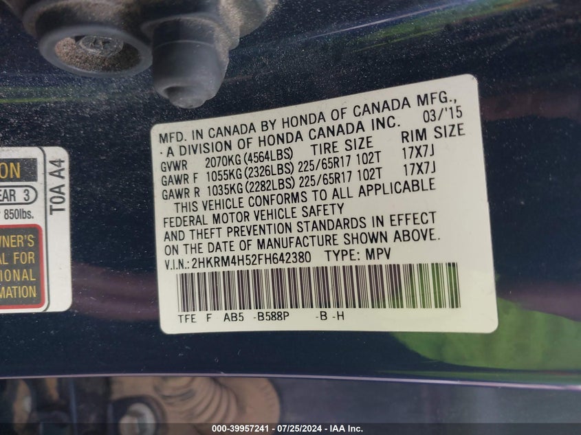 2015 Honda Cr-V Ex VIN: 2HKRM4H52FH642380 Lot: 39957241