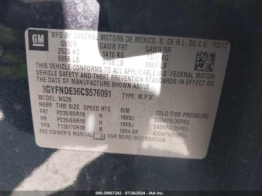 2012 Cadillac Srx Luxury Collection VIN: 3GYFNDE36CS576091 Lot: 39957242