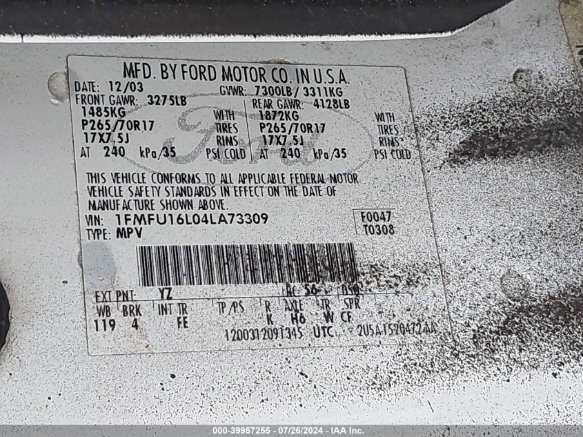 2004 Ford Expedition Xlt VIN: 1FMFU16L04LA73309 Lot: 39957255