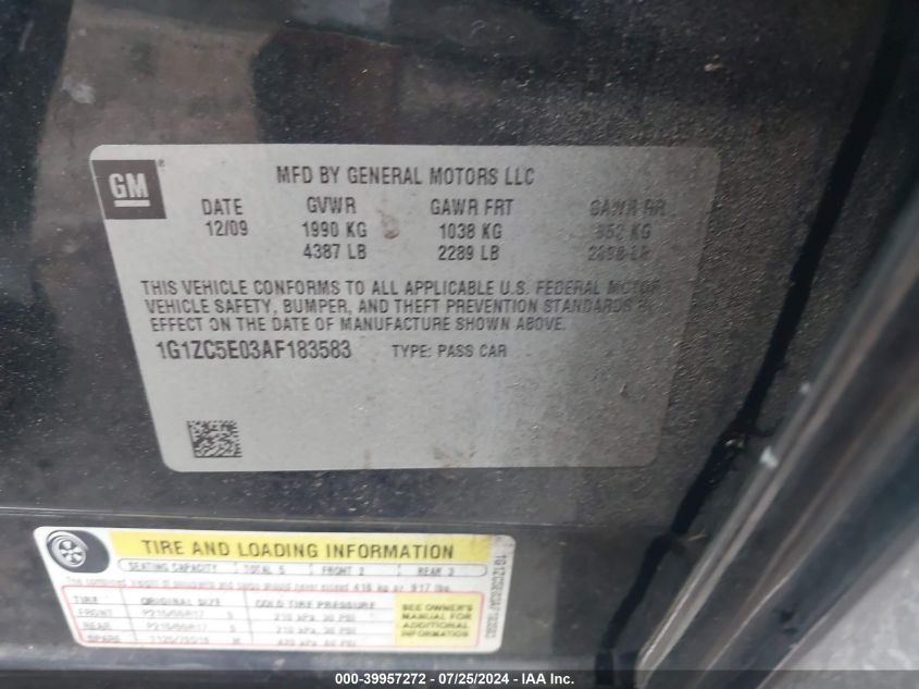 2010 Chevrolet Malibu Lt VIN: 1G1ZC5E03AF183583 Lot: 39957272