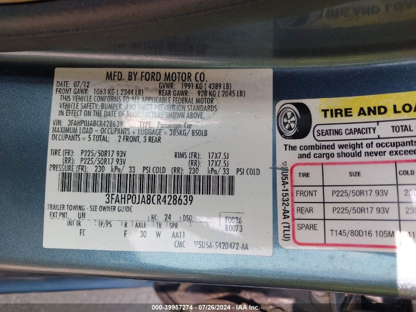 2012 Ford Fusion Sel VIN: 3FAHP0JA8CR428639 Lot: 39957274