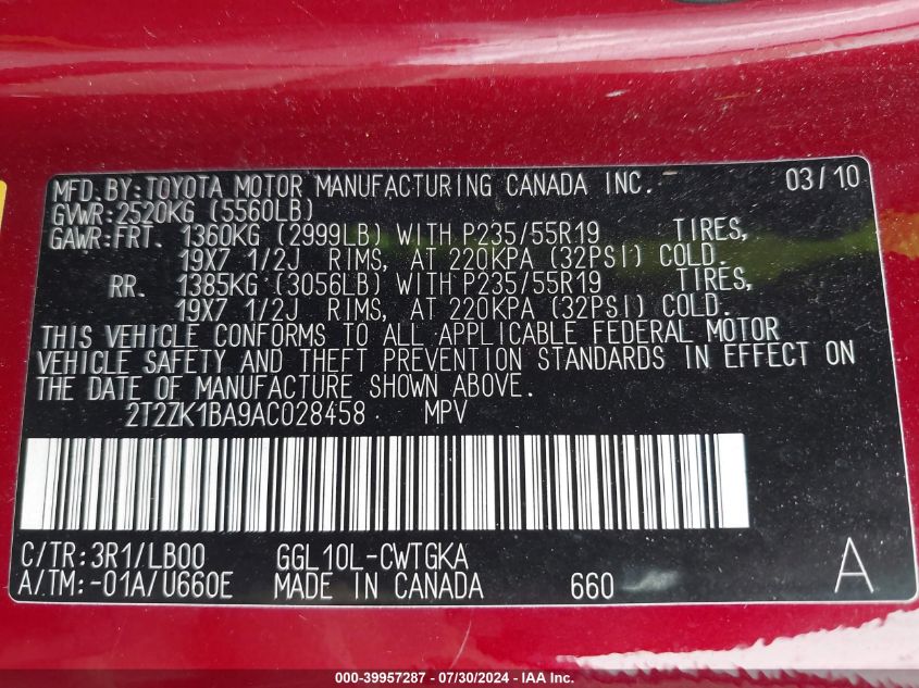 2010 Lexus Rx 350 VIN: 2T2ZK1BA9AC028458 Lot: 39957287