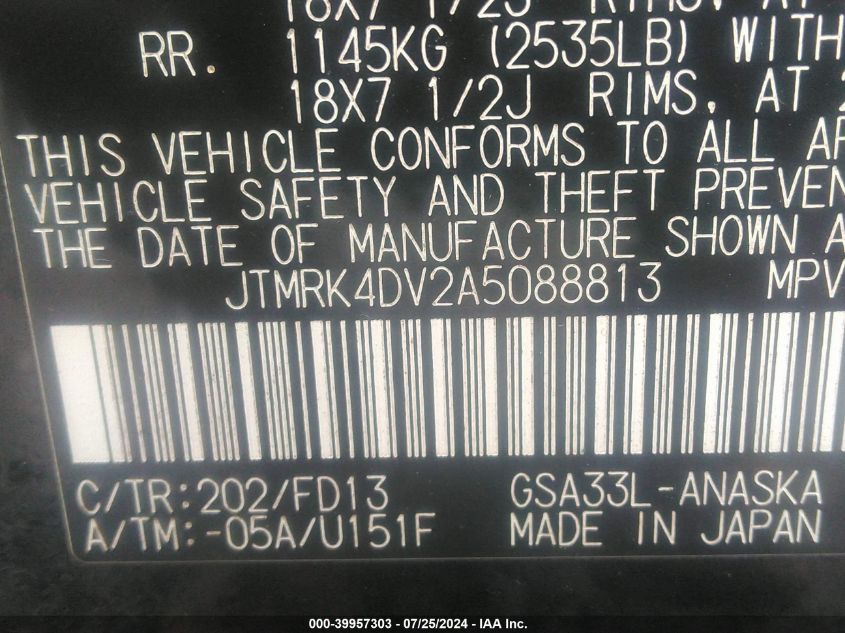 2010 Toyota Rav4 Sport V6 VIN: JTMRK4DV2A5088813 Lot: 39957303