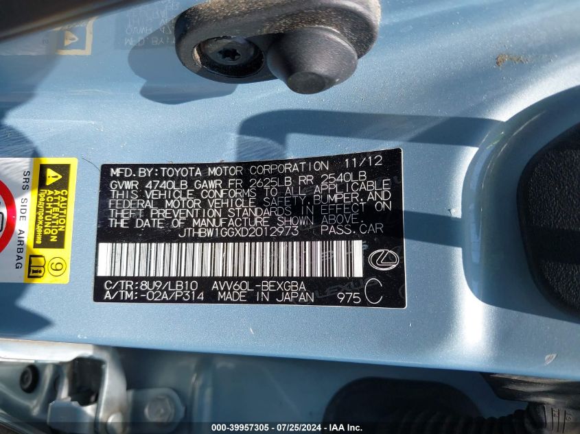 2013 Lexus Es 300H VIN: JTHBW1GGXD2012973 Lot: 39957305