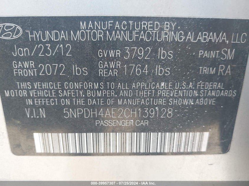 2012 Hyundai Elantra Gls/Limited VIN: 5NPDH4AE2CH139128 Lot: 39957307