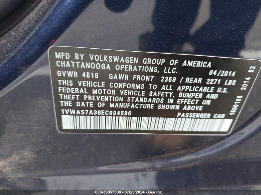 2014 Volkswagen Passat 1.8T Wolfsburg Edition VIN: 1VWAS7A36EC094596 Lot: 39957308