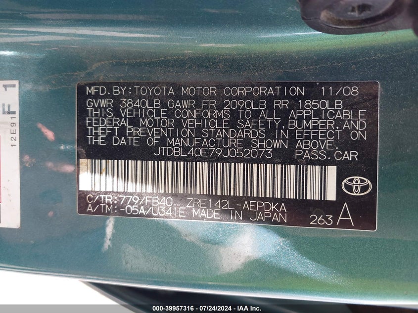 2009 Toyota Corolla Le/S/Xle VIN: JTDBL40E79J052073 Lot: 39957316