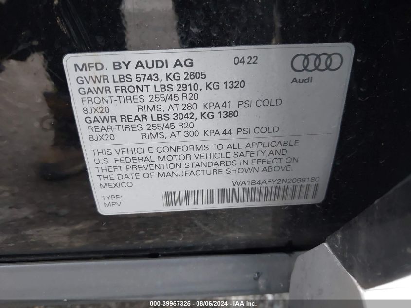 2022 Audi Sq5 Premium Plus Tfsi Quattro Tiptronic VIN: WA1B4AFY2N2098180 Lot: 39957325