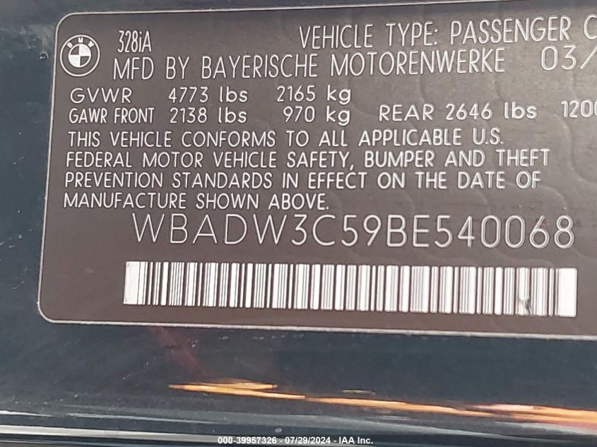 2011 BMW 328I VIN: WBADW3C59BE540068 Lot: 39957326