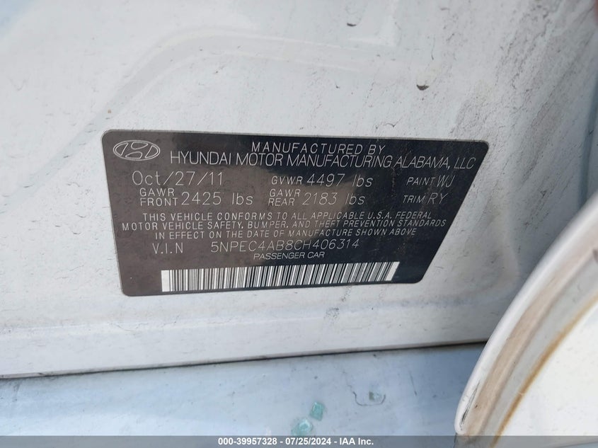 2012 Hyundai Sonata Se/Limited VIN: 5NPEC4AB8CH406314 Lot: 39957328